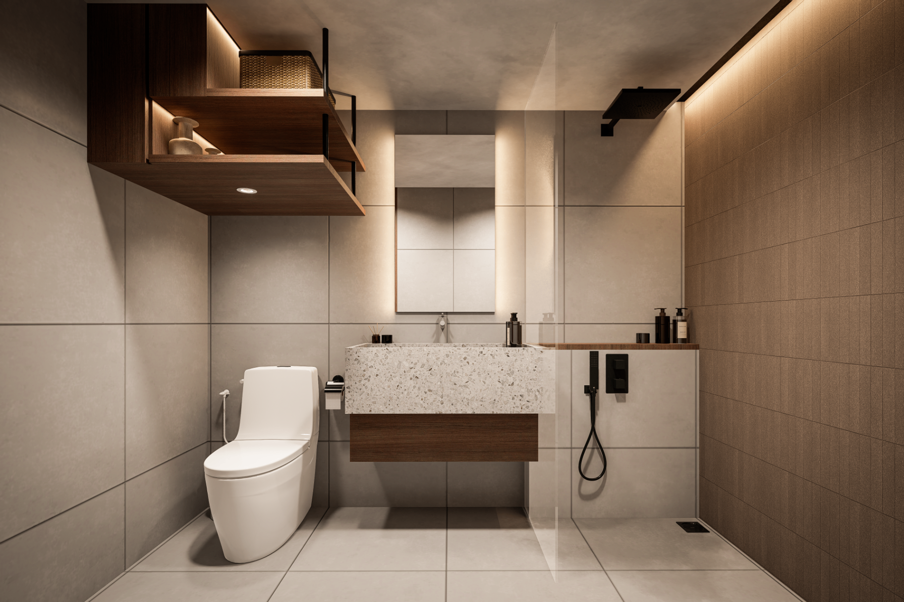 Spa-style bathroom with rainfall shower and terrazzo basin