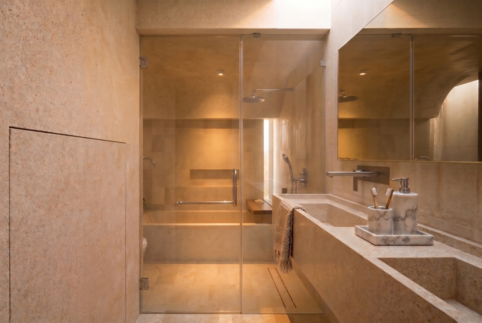 Travertine bathroom with rainfall shower