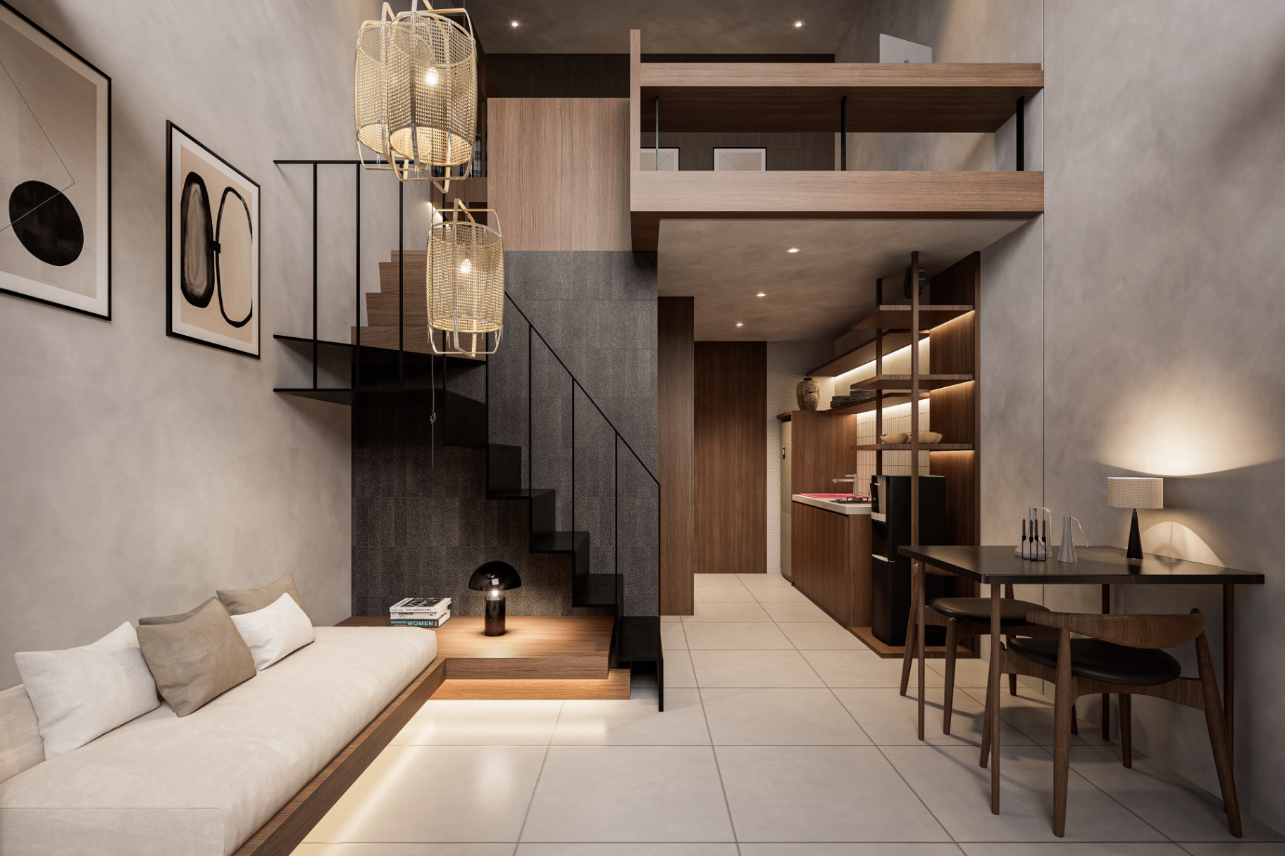 Double-height living room with mezzanine and open kitchen