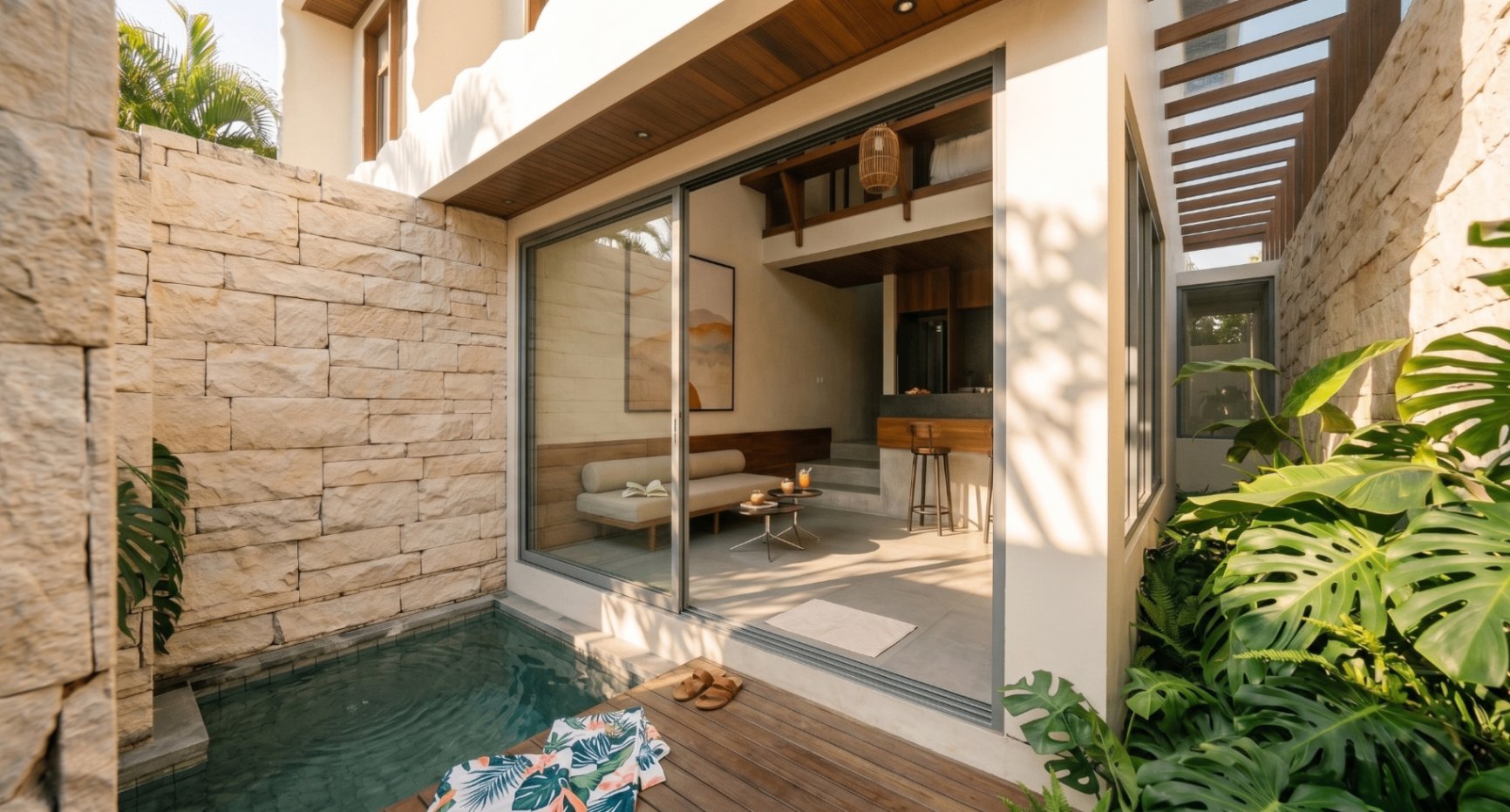 Private plunge pool with sliding glass doors to living room