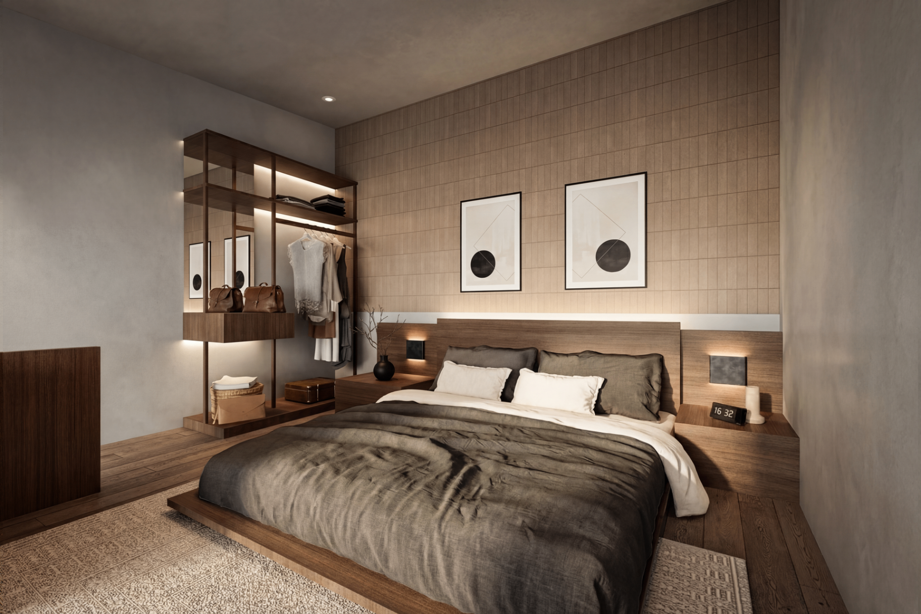 Primary bedroom with walnut joinery and mood lighting