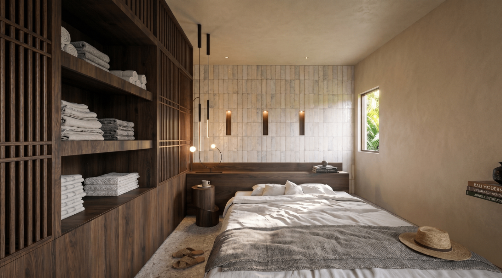 Primary bedroom with tiled feature wall and walnut wardrobes