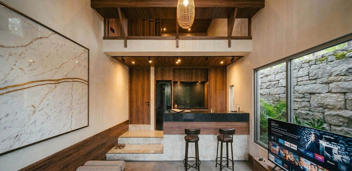 Double-height kitchen with walnut joinery and marble feature wall