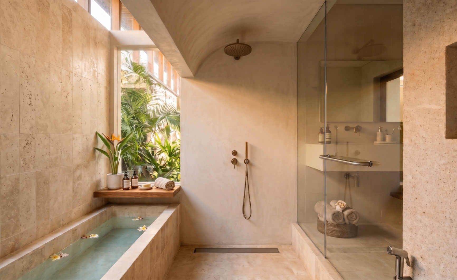 Spa-style bath with tropical garden view